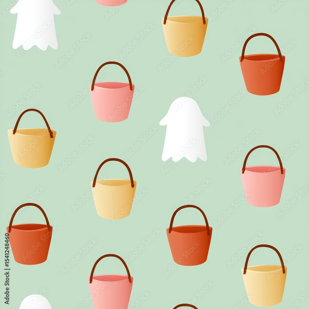 Seamless repeat pattern of floating candy buckets with ghost handles in Halloween-themed colors (soft orange, cream, baby pink) on mint green background Seamless repeat pattern of floating candy buckets with ghost handles in Halloween-themed colors (soft orange, cream, baby pink) on mint green background