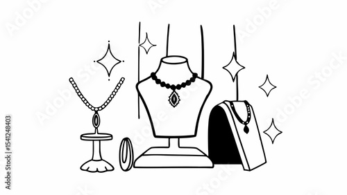 Elegant jewelry display featuring necklaces on stands with sparkling accents in a minimalist style created with generated ai