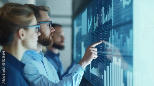 Three professionals analyze data and charts on a large digital screen in a modern office setting.