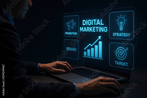 Businessman Using Laptop with Glowing Digital Marketing Strategy Interface, Highlighting Promotion, Brand, and Target Icons