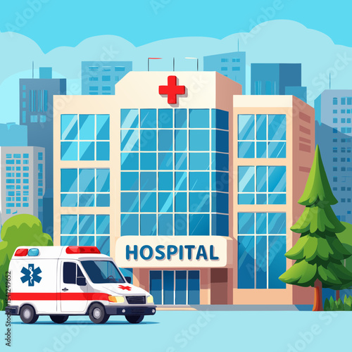 Modern city hospital building with ambulance