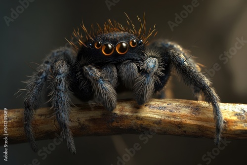 Big hairy spider perches on a wooden stick in natural habitat, Big hairy spider sit on a wooden stick