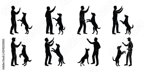 Silhouettes of Dogs and Owners Mastering Dog Training Techniques