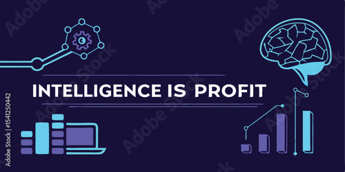 Illustration showing intelligence is profit with brain, gear, computer, and bar graph elements on dark background