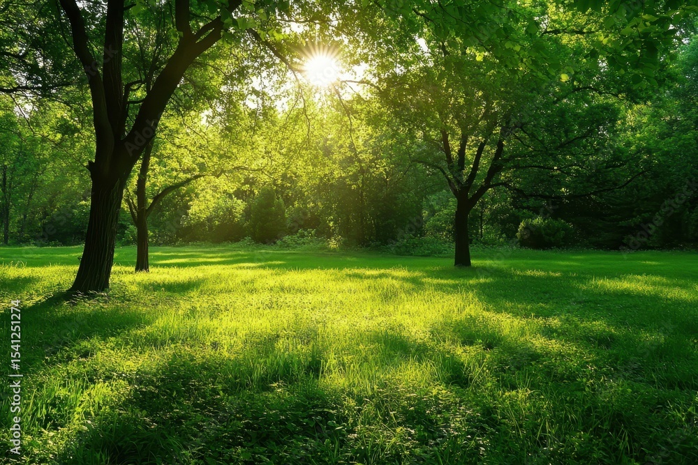 Naklejka premium Sunlight filters through trees to illuminate a lush green field on a tranquil day, Sunlight filtering through trees onto lush green field with dense foliage