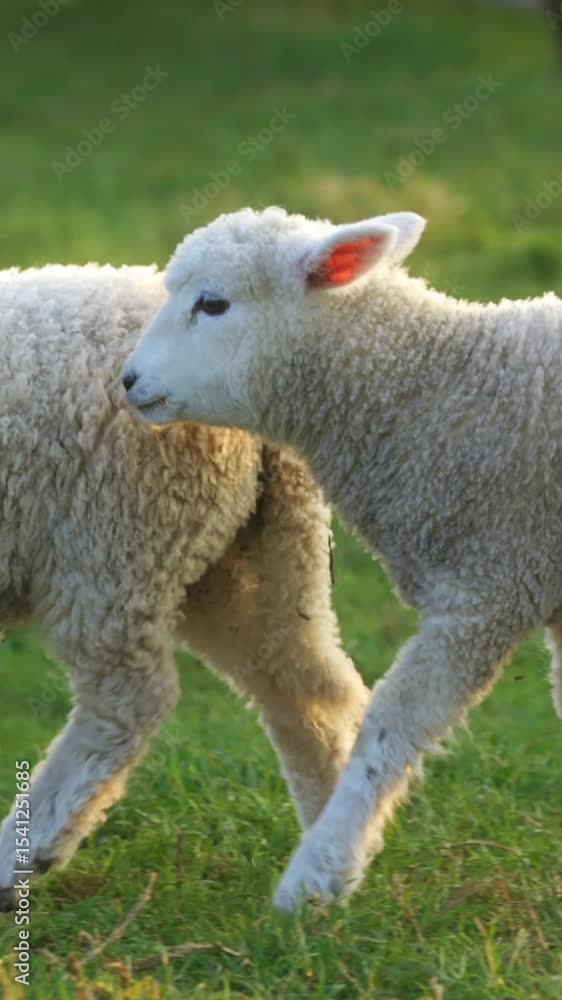 Two young lambs play in a green field in the United Kingdom. The lambs are running and jumping, enjoying the warm sunshine and fresh air. The lambs are full of energy and curiosity. Two young lambs play in a green field in the United Kingdom. The lambs are running and jumping, enjoying the warm sunshine and fresh air. The lambs are full of energy and curiosity.
