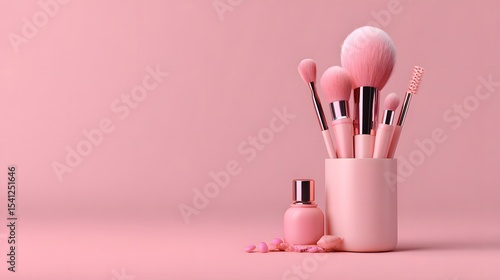 Pink Cosmetic Tools and Bottle on Pink Background