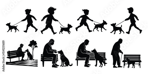 Silhouette Illustrations Children and Seniors Walking and Sitting with Dogs