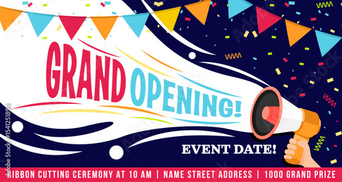 grand opening banner template advertising design social network illustration retail promotion announcement online shopping marketing flyer megaphone in hand clipart