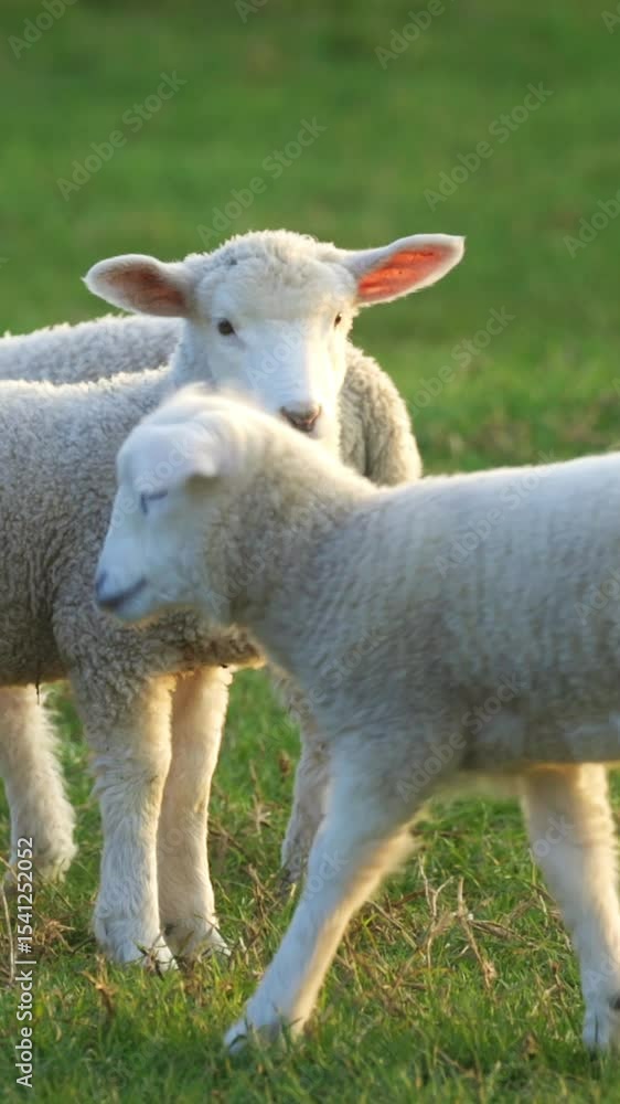 Two young lambs graze in a green pasture in New Zealand. The lambs are white and fluffy, and they are eating grass. The photo captures the innocence and beauty of nature. Two young lambs graze in a green pasture in New Zealand. The lambs are white and fluffy, and they are eating grass. The photo captures the innocence and beauty of nature.