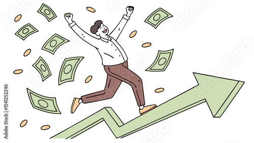 Happy man running on an upward trending arrow while money and coins rain down around him in celebration