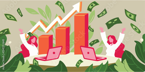 Two women celebrating financial growth with laptops and money falling around them with a rising graph