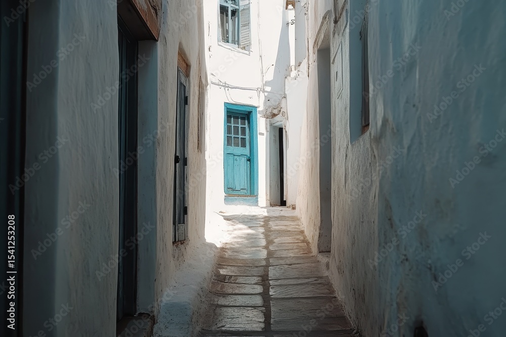 Obraz premium Narrow street in traditional Greek village on Paros island with blue door and whitewashed walls, Narrow street Greece Paros island Traditional greek mediterranean architecture