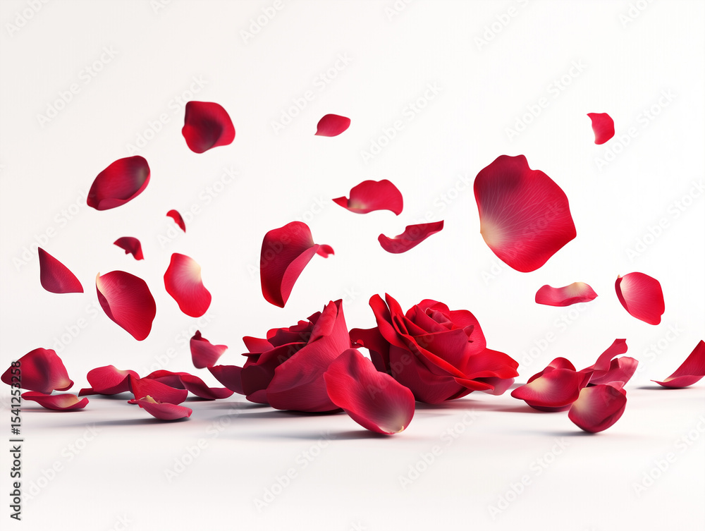 Red roses and falling petals on white Red roses and falling petals on white