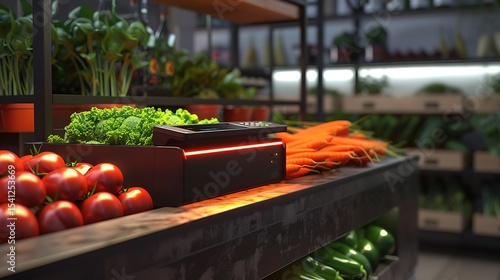 Fresh produce display with modern digital scale.