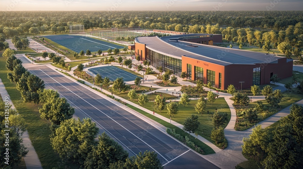 Fototapeta premium Detailed image of new sports complex under construction with facilities for football, swimming, and athletics.