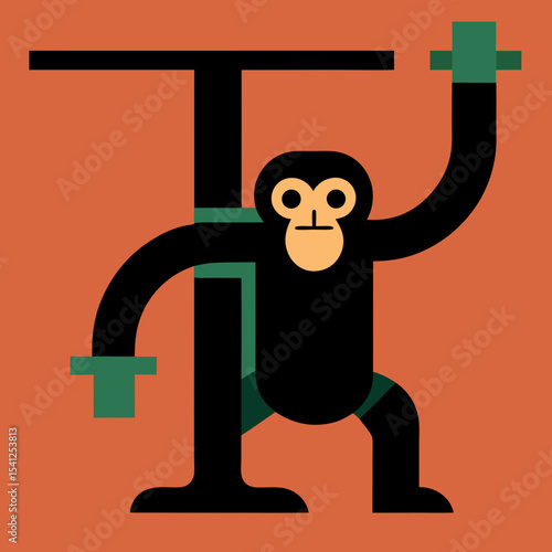 Stylized gibbon hanging from a bar