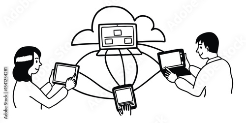 Illustration of people using devices connected to a cloud server network for communication and data