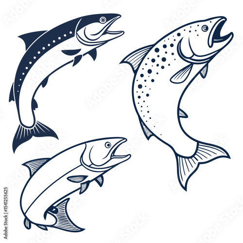 Underwater set of marine animals vector illustration with swimming fish, dolphin, and shark silhouettes