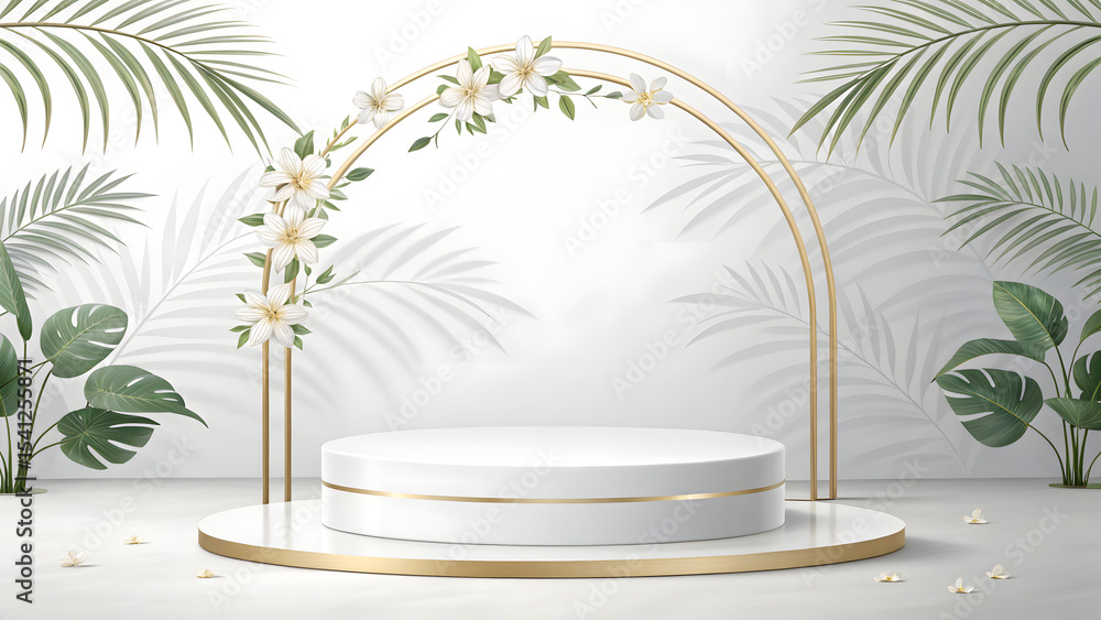 Obraz premium Elegant Product Display Pedestal with Golden Arch, White Flowers, and Tropical Palm Leaves Background