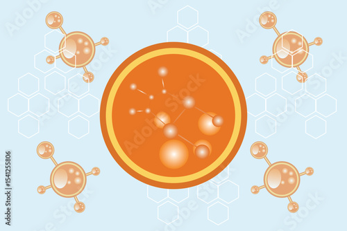 Orange, golden yellow molecule of hyaluronic acid or collagen, nano 3D cell, vector bio scientific icon. Cosmetology treatment isolated elements. Beauty science skin care molecular concept