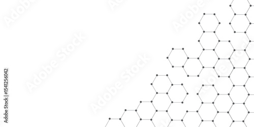 Molecular structure abstract tech background. Geometric white background. Science network pattern, connecting lines and dots medical background, Vector illustration. Vector banner design with hexagons