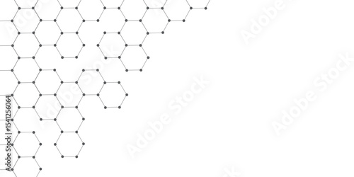 Molecular structure abstract tech background. Geometric white background. Science network pattern, connecting lines and dots medical background, Vector illustration. Vector banner design with hexagons