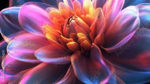A vibrant, translucent flower with shades of pink, blue, and orange against a dark background. The petals appear luminous and delicate, creating a striking visual effect.