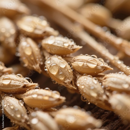 Close-up of Dew-Drenched Barley Grains on a Stem