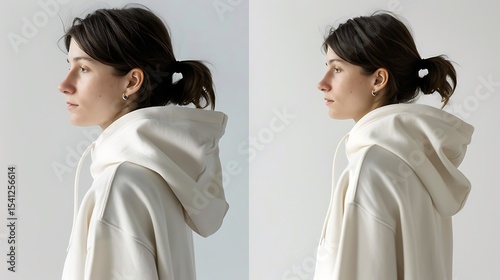 Woman wearing a cream colored hoodie.