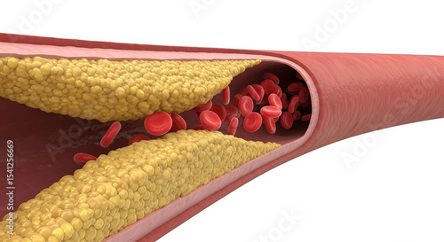An artistic medical illustration showing the health, with the arterial blockage of cholesterol deposits. Illustrating a critical health issue and disease with artistic approach.