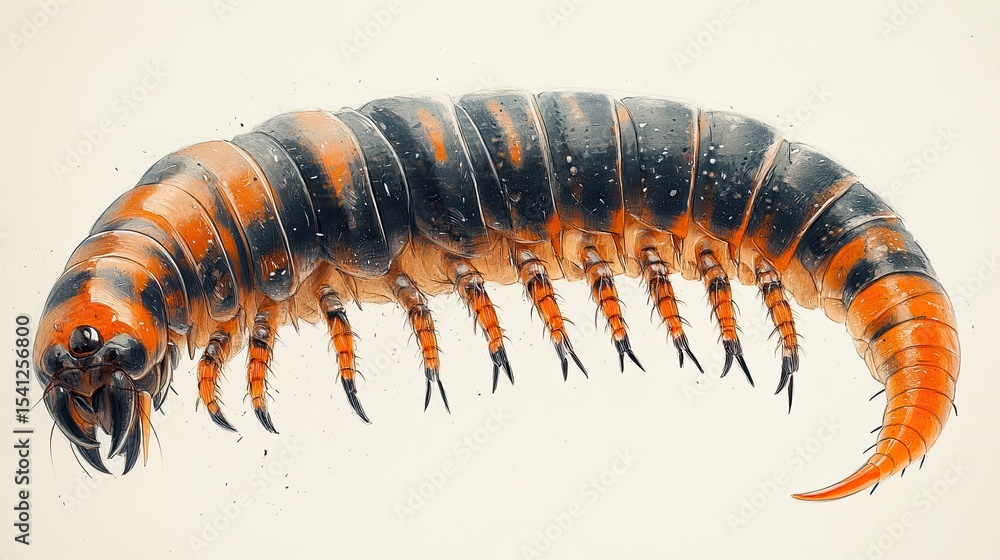 Detailed illustration of a scolopendra centipede, emphasizing its intricate features Detailed illustration of a scolopendra centipede, emphasizing its intricate features