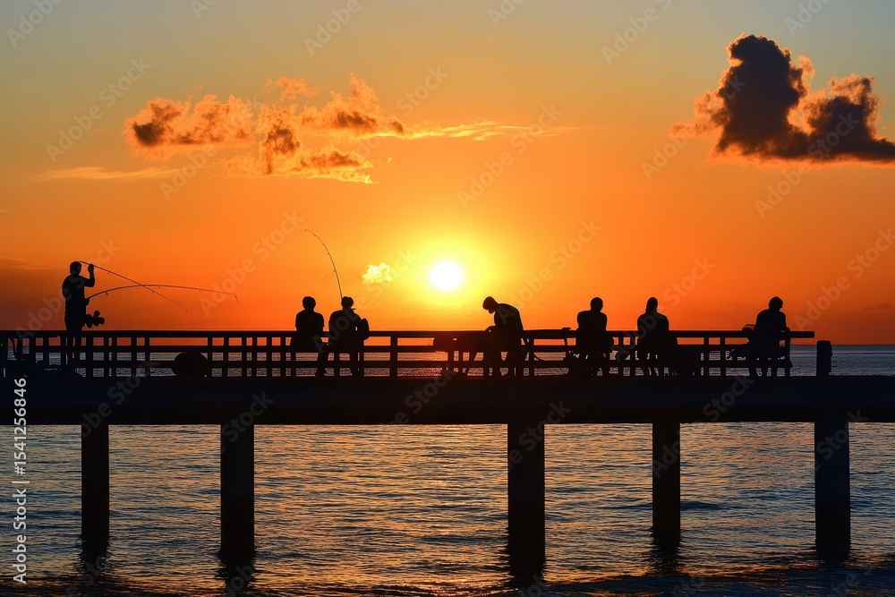 Obraz premium Evening sunset on the pier with people fishing and enjoying the tranquil coastal atmosphere, Tranquil lifestyle evening sunset scene of people relax and fishing on pier