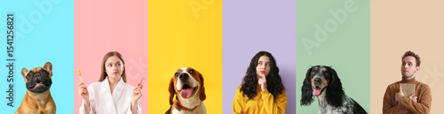 Photography Collage of thoughtful young people and cute dogs on color background