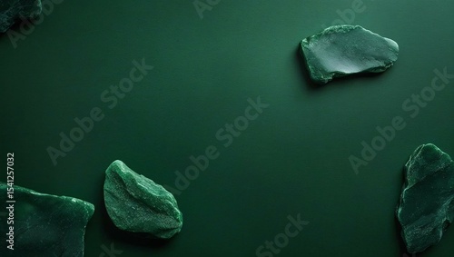 Emerald Green Stone Fragments on Dark Green Background Abstract Texture