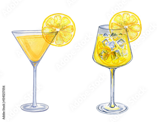 Cocktail limoncello spritz watercolor hand drawn illustration. Set of traditional italian aperitifs on isolated background. Alcoholic lemon drink for bar and menu.