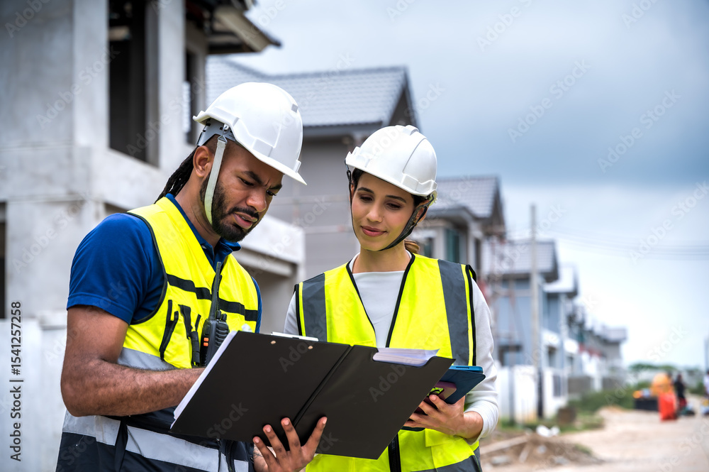 Male site engineer working together with female project manager in housing project construction site Male site engineer working together with female project manager in housing project construction site