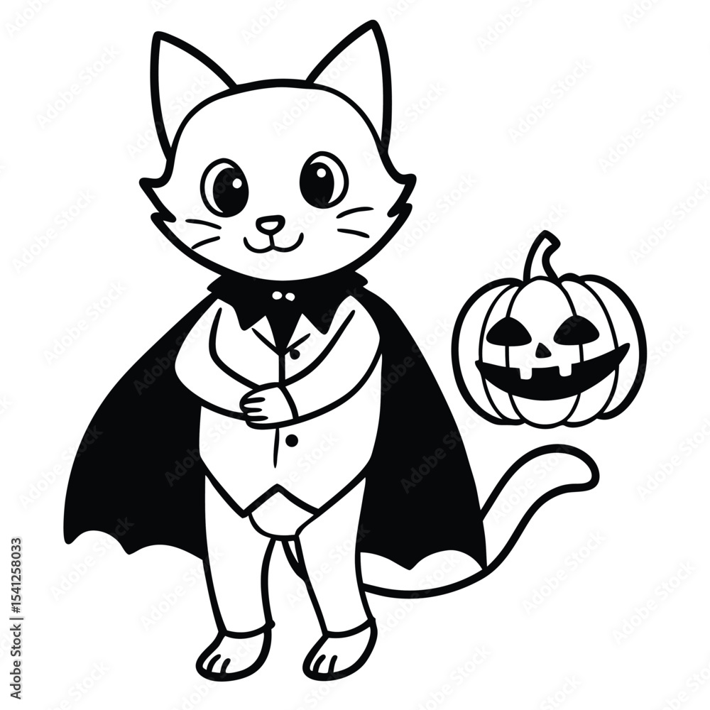 Obraz premium Cute black kitten character drawing with a funny tail playing with a Halloween pumpkin