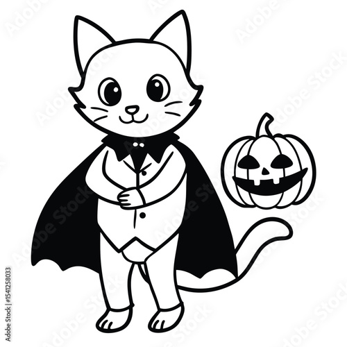 Cute black kitten character drawing with a funny tail playing with a Halloween pumpkin