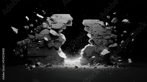 A 3D-rendered scene of a shattered wall with suspended concrete debris, all set against a black backdrop.