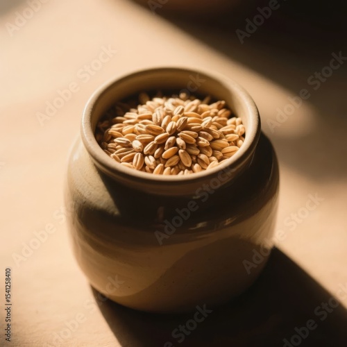 A ceramic bowl filled with grains, illuminated by natural light on a wooden surface.