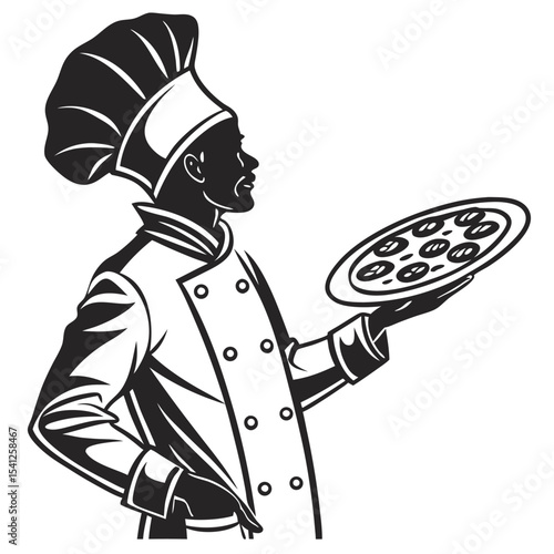 Cartoon vector illustration of an Italian chef with a pizza, perfect for a restaurant or pizzeria's food and cooking art