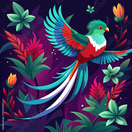 A resplendent quetzal in flight, wings outstretched, showcasing its vibrant emerald green, red underbelly, and long, flowing tail feathers. The bird is sharply in focus against a softly blurred backgr