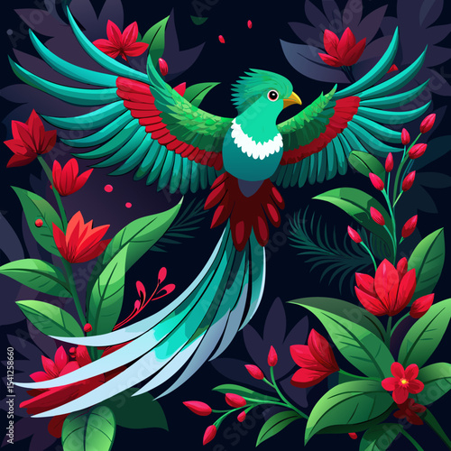 A resplendent quetzal in flight, wings outstretched, showcasing its vibrant emerald green, red underbelly, and long, flowing tail feathers. The bird is sharply in focus against a softly blurred backgr