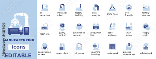 Editable manufacturing vector icons ideal for industry, automation, and factory visuals. Clean, modern, and scalable.