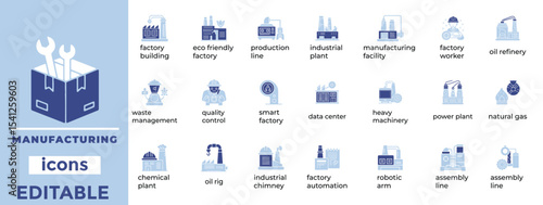 Editable manufacturing vector icons ideal for industry, automation, and factory visuals. Clean, modern, and scalable.