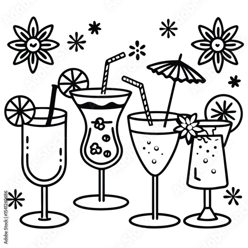 Vector illustrations of summer cocktails and drinks with lemon, orange, and fruit garnishes in various glasses with ice and umbrellas, perfect for a party or bar