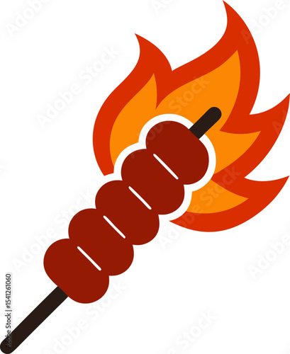 Filled / Glyph Icon: Bold, filled design of skewered meats with flame effects with white background