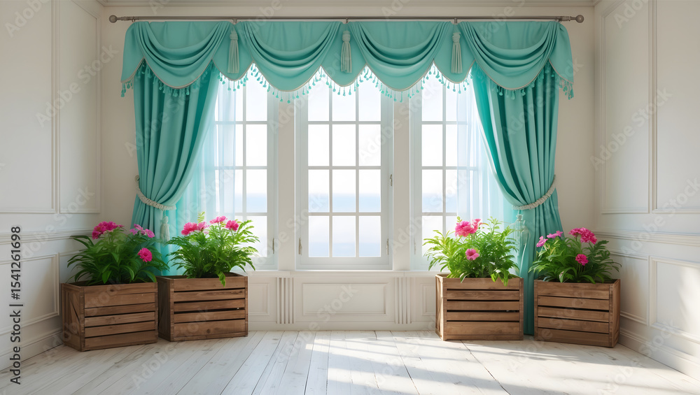 Fototapeta premium Elegant Window Interior with Aqua Drapes and Flower Planters