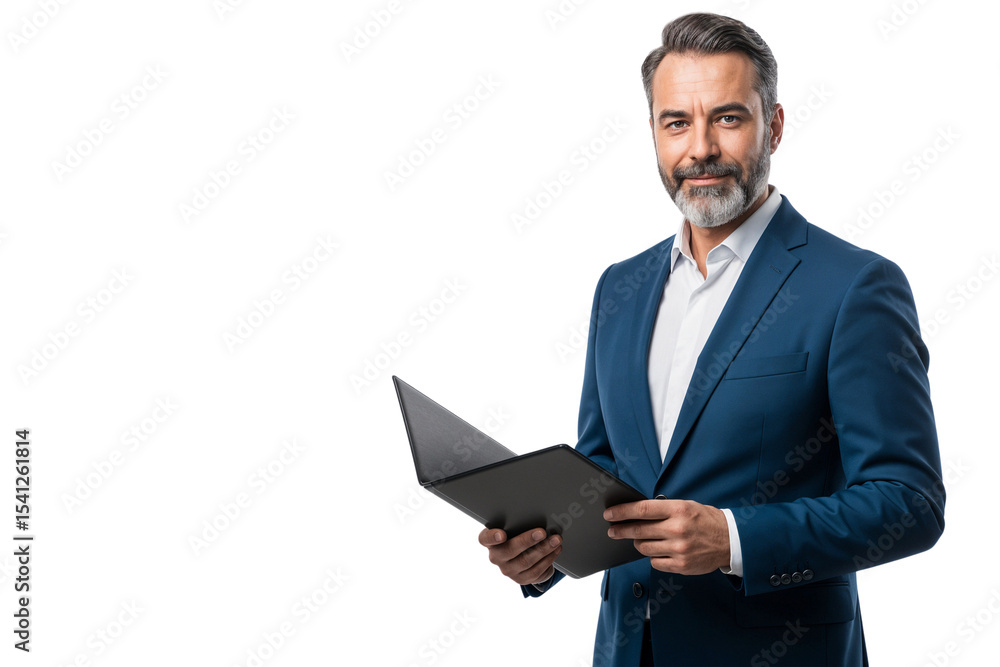 Confident senior executive manager in a blue suit holding a black folder, isolated on transparent background Confident senior executive manager in a blue suit holding a black folder, isolated on transparent background